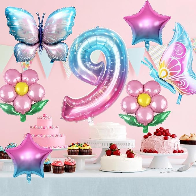 Sowide Butterfly Balloons 9th Birthday Decorations, Pink & Blue, 7pcs Including Giant Number 9, Butterfly, Flower & Star Balloons, Perfect for Girls' 9th Birthday Parties
