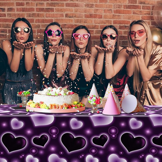 Tudomro 3 Pack 2000s Tablecloth Decoration 54 x 108 Inches Cholo Party Table Cover Y2k Party Decoration Heart Disposable Kpop Table Cloth for Birthday Supplies(Purple)
