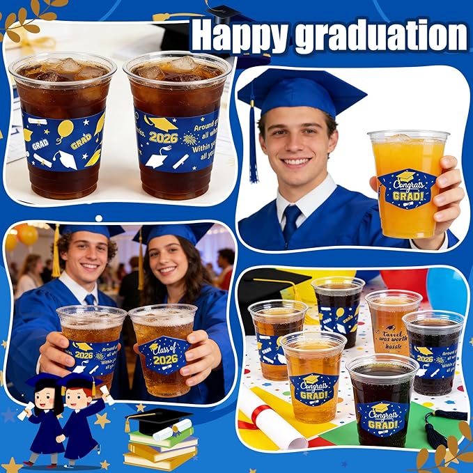 GuassLee Blue and Gold Graduation Decorations 2026 Party Cups - 50pcs 12 Oz Blue Gold Yellow Disposable Graduation Plastic Cups for Drinks Class of 2026 Grad Party Favors Supplies