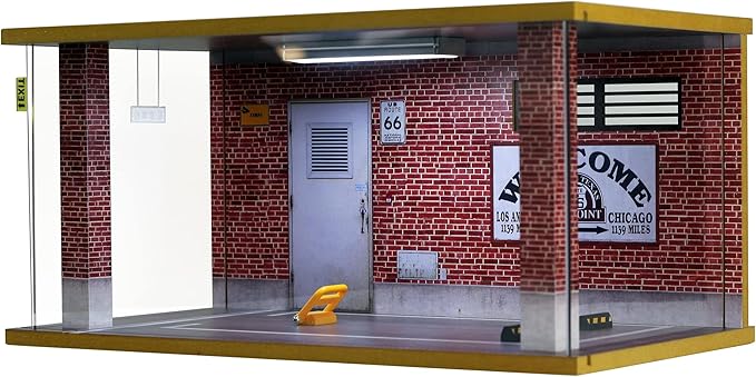 Display Case for 1/18 Diecast Cars,Acrylic Display Case for 1/12 Scale Toy Motorcyle with LED Lighting, Route 66-3 Open Side