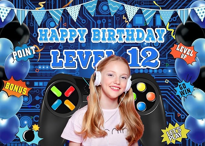 Game Theme Level 12 Birthday Backdrop Video Game Happy 12th Birthday Party Decorations Level Up Theme Boys Kids Birthday Party Supplies(7×5FT)