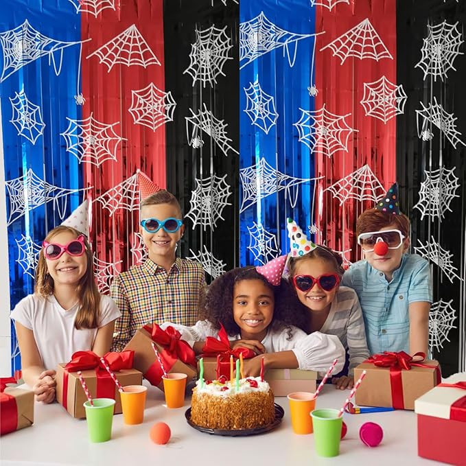 Spider Web Birthday Decorations 2 Pack Spider Party Supplies 3.3x6.6ft Red Blue and Black Spidey Tinsel Foil Fringe Curtains Backdrop Red and Blue Streamers Spider Theme Party Decorations