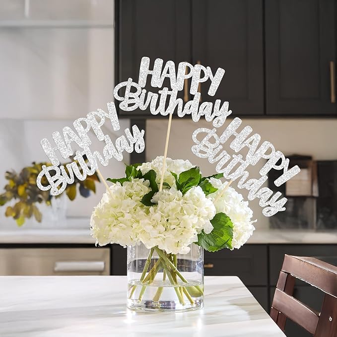 Gyufise 12Pcs Happy Birthday Centerpieces Sticks Double Sided Glitter Birthday Party Decorations Anniversary Table Flower Centerpiece for Celebrating Party Supplies Silver