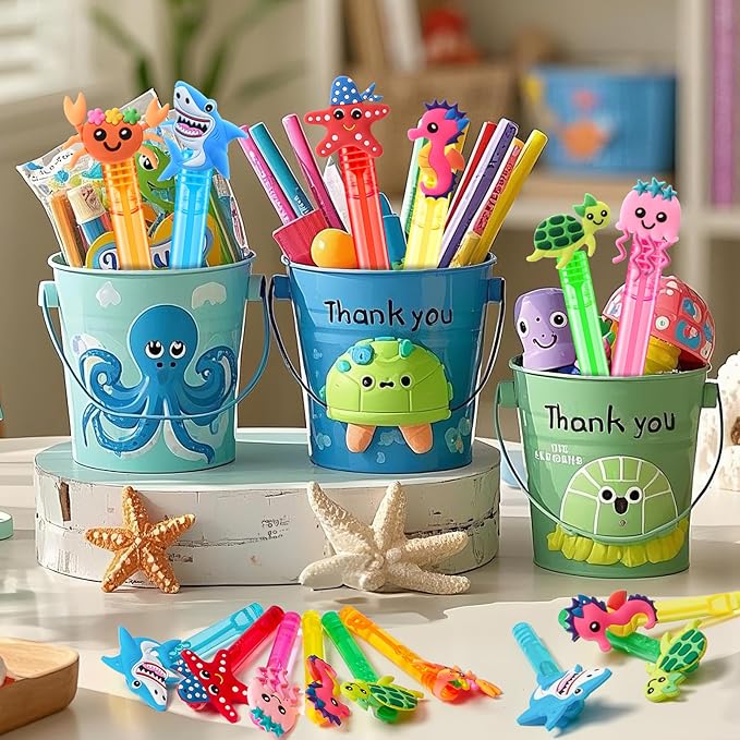 Winrayk Under the Sea Party Favors, 24Pcs Ocean Animal Mini Bubble Wands for Kids Bubbles Bulk with Detachable Topper (6 Styles & Colors), Summer Pool Beach Birthday Goody Bag Stuffer Classroom Prizes