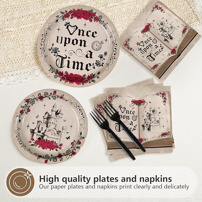 96Pcs Once Upon a Time Decorations Fairytale Birthday Plates and Napkins Retro Castle Princess Red Rose Decorations Tableware Sets for Birthday Wedding Bridal Shower Party Supplies Serves 24