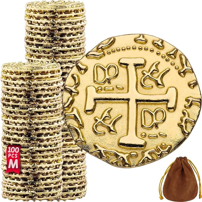 Leib Games Gold Metal Pirate Coins - 100 Leprechaun Metal Gold Coins for St Patricks Day, Game Tokens, Toys & Cosplay - Fake Coins Set for Pirate Treasure Chest - Diameter: 7/8"