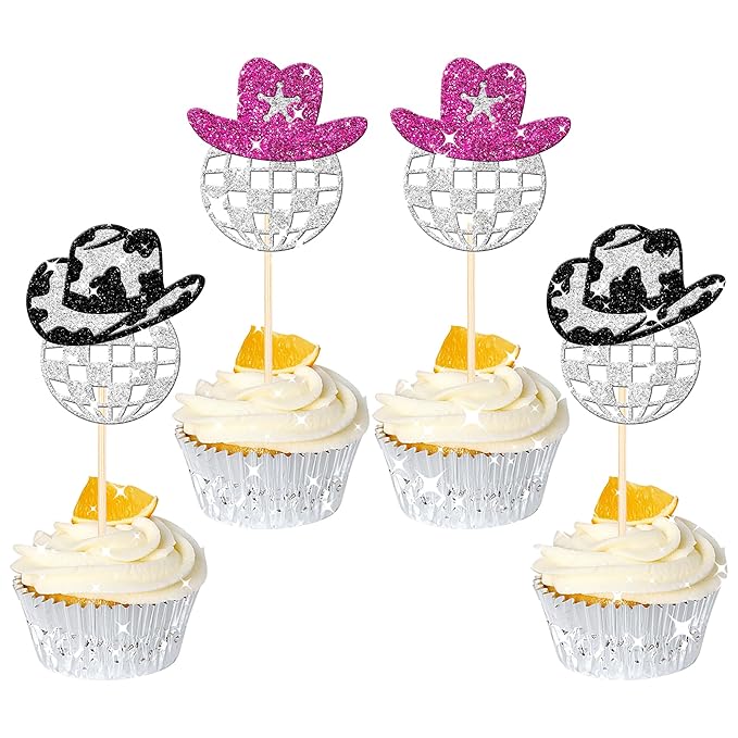 24 PCS Sparkling Disco Ball Cupcake Toppers Western Cowboy Hat Cupcake Picks Cowgirl 70s Disco Balls Cupcake Decorations for 1970s Music Disco Theme Birthday Party Cake Decorations Supplies