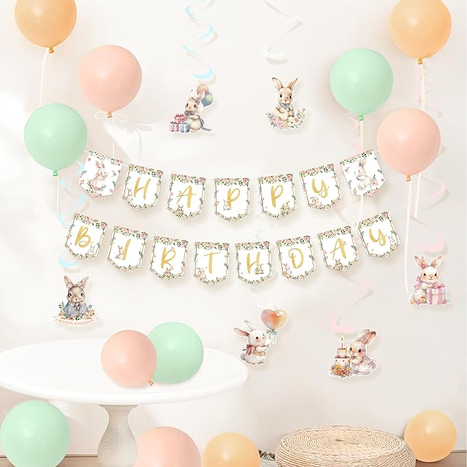 Bunny Birthday Decorations Kit, 36PCS Easter Bunny Party Supplies with Happy Birthday Banner, Hanging Swirls Ceiling Decoration and Balloons for Girls Baby Shower Rabbit Themed Party