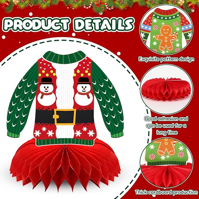 10 Pcs Christmas Ugly Sweater Party Decorations Honeycomb Centerpieces,3D Xmas Table Toppers Christmas Ugly Sweater Table Decor for Winter Holidays Party Supplies