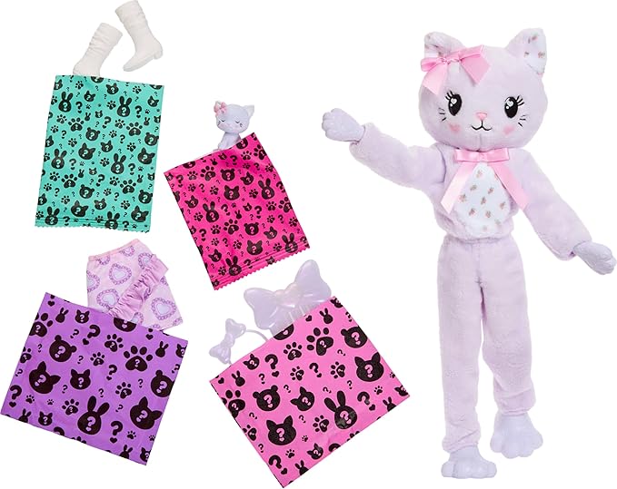 Barbie Cutie Reveal Doll & Accessories, Cuddly Series Kitten with 10 Surprises Including Color Change & Mini Pet