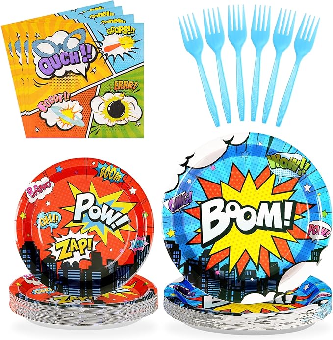 Grencian 96Pcs Super Theme Hero Party Decorations Hero Themed Plates and Napkins Disposable Heroes Action Paper Plates Tableware Set for Boys Kids Birthday Party Baby Shower Supplies, Serves 24