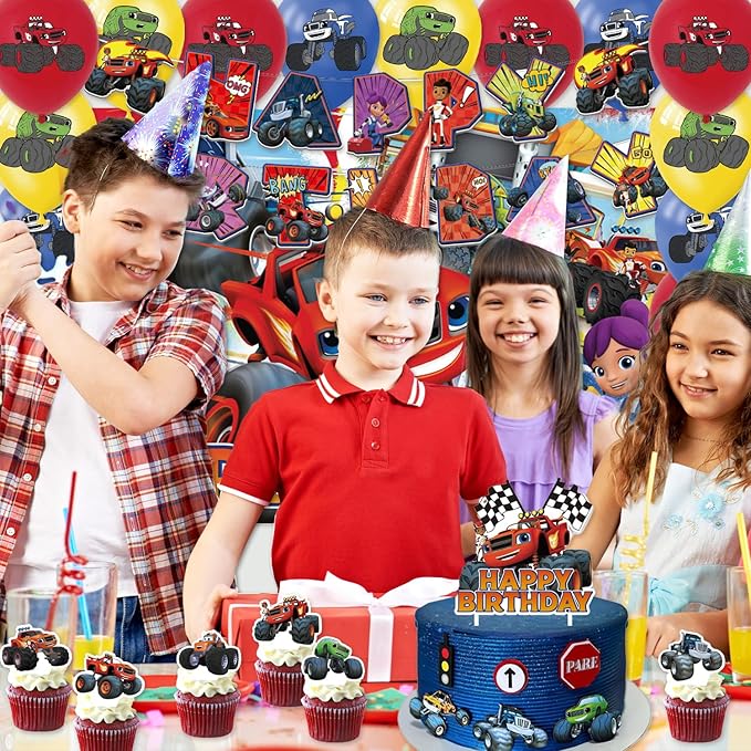 42pcs Blaze and the monster Birthday Party Supplies Pack Includes，Banner，Cake Topper，Blackdrop,Balloons for Blaze Party Supplies