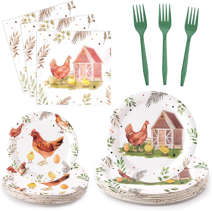 96Pcs Chicken Barnyard Farm Animal Watercolor Hen Chick Party Plates Supplies Tableware Decoration Disposable Paper Plate Napkin Fork for Kids Birthday Baby Shower, Serves 24