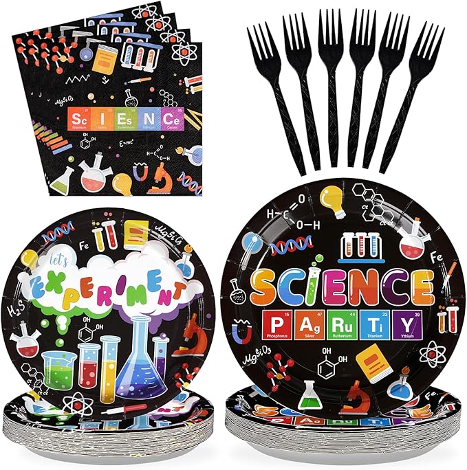 Grencian 96 Pcs Science Party Supplies 350 GSM Science Plates and Napkins Disposable Tableware Set Mad Scientist Dinnerware for Kids Little Scientist Decoration Favors Serves 24