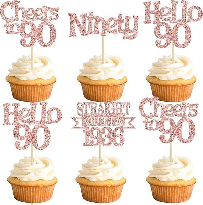 Ephlyn 24Pcs Happy 90th Birthday Cupcake Toppers Glitter Straight Outta 1936 Cupcake Picks Hello 90 Cheers to 90 Years Birthday Cake Decorations for 90th Birthday Anniversary Party Supplies Rose Gold