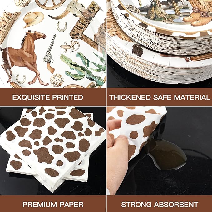 180PCS Cowboy Party Supplies Serve 60, Western Party Paper Plates and Napkins Kit for Wild West Cowboy Rodeo Birthday Baby Shower Decorations, Includes Dinner Plates, Dessert Plates, Napkins