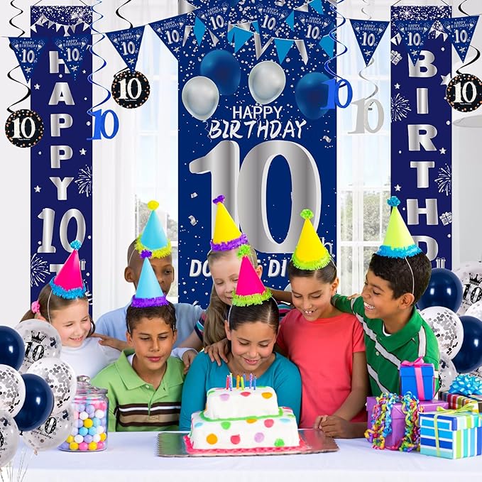10th Birthday Decorations for Boys Girls, Navy Blue Happy 10th Birthday Door Banner Sign, 10 Years Old Party Supplies Teenagers Bday Backdrop Balloons Hanging Decors