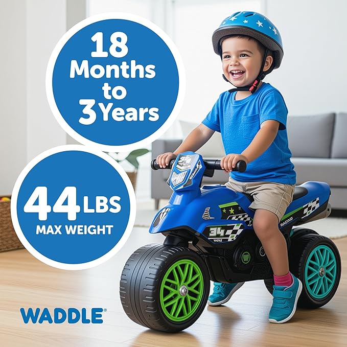 Waddle Kids Motorcycle Balance Bike - Toddler Ride on Toys w/Sounds, Wide Wheel Base, Rubber Coated Wheels, Foot to Floor Toddler Car Up to 44 Lbs, Motorbike for Kids Ages 18 Months to 3 Yrs, Blue