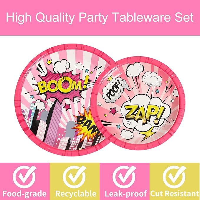 96 Pcs Super Girl Hero Plates and Napkins Party Supplies Pink Comic Heroes Tableware Set Super Theme Hero Party Decorations Favors for Girl Birthday Baby Shower Serves 24