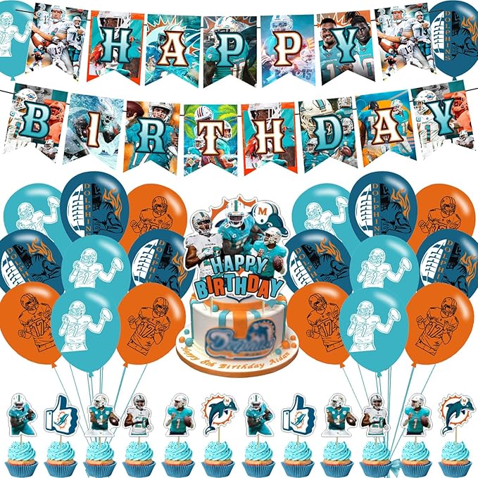 Dolphins Party Decorations,Dolphins Birthday Party Supplies Includes Banner - Cake Topper - 12 Cupcake Toppers - 18 Balloons