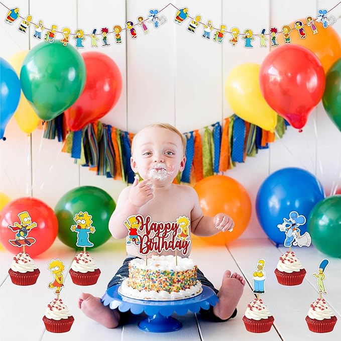 "Brt Simpson Theme Birthday Party Supplies – Complete Decoration Set with Happy Birthday Banner, Cake Topper, Cupcake Toppers, Table Décor, Garland – Cartoon Birthday Party Decoration"