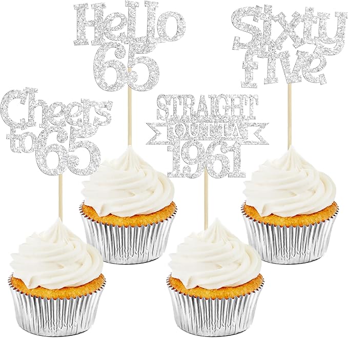 Ephlyn 24Pcs 65th Birthday Cupcake Toppers Glitter Straight Outta 1961 Cupcake Picks Hello 65 Cheers to 65 Years Cake Decorations for 65th Birthday Anniversary Party Decorations Supplies Silver