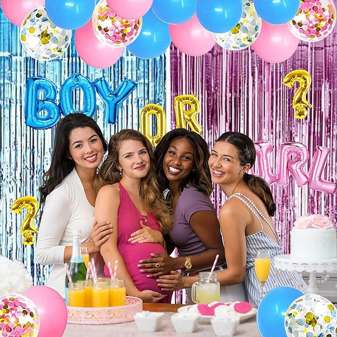 Gender Reveal Party Supplies Kit, Pink and Blue Balloons , Boy or Girl Foil Balloons, Tinsel Curtain, Gender Reveal Party Baby Photo Backdrop for Baby Shower Decorations