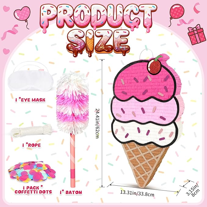 24" Large Ice Cream Pinata for Birthday Party, 3-Layer Neapolitan Summer Sweet Treats Theme Party Supplies, Paper Mache Pinata with Stick, Mask & Confetti, Fun Party Game Decor for Kids Adults