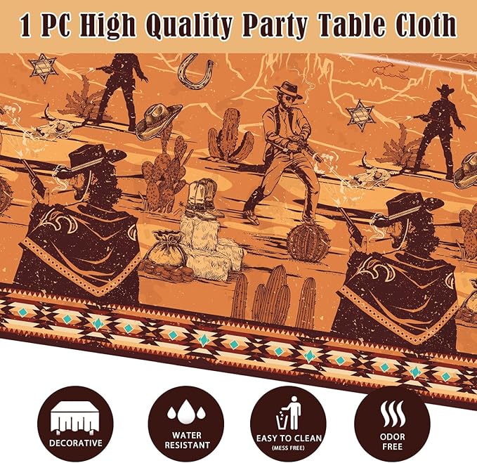 WERNNSAI Western Party Decorations - 33 PCS Western Tablecloth Plates and Napkins Cowboy Birthday Party Supplies for Boys Kids Men Rodeo Tableware Set Serves 16 Guests