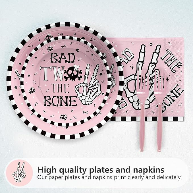 Grencian 96 Pcs Bad Two The Bone Party Decorations Girl Pink Skeleton 2nd Birthday Plates and Napkins Rock and Roll Tableware Set for Girls Music Theme 2 Year Old Birthday Party Supplies Serves 24
