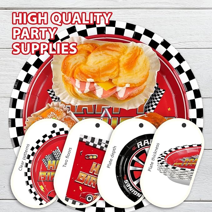 Grencian 96Pcs Red Race Car Happy Birthday Party Decorations Supplies Hot Car Plates and Napkins Racing Themed Checked Flag Tableware for Boys Transportation Birthday Party Decorations Serve 24