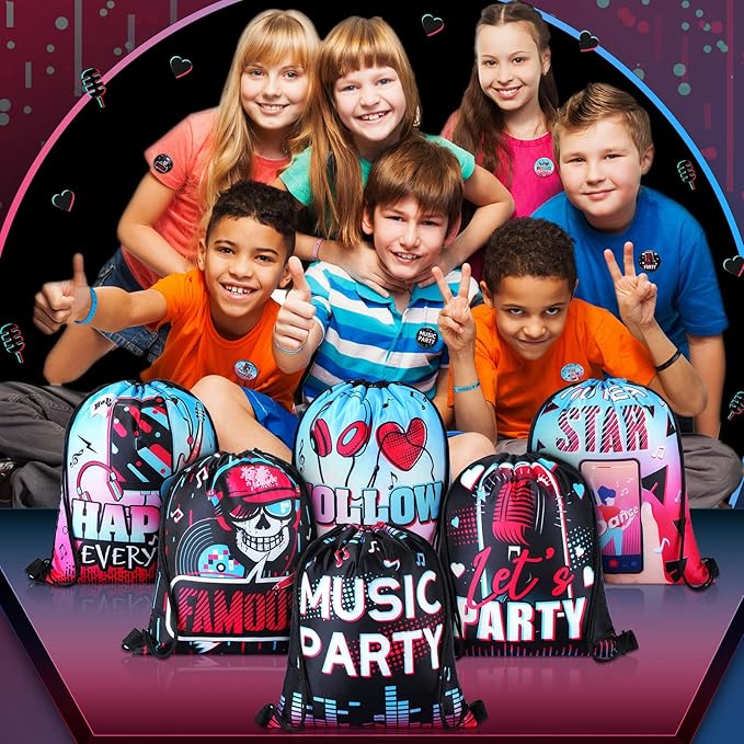 Jexine 128 Pcs Music Theme Party Supplies Include 12 Silicone Bracelets, 12 Keychains, 12 Badges, 12 Pencils, 12 Drawstring Bag, 18 Spiral Notepads, 50 Musical Stickers for Kids Birthday Party (Music)