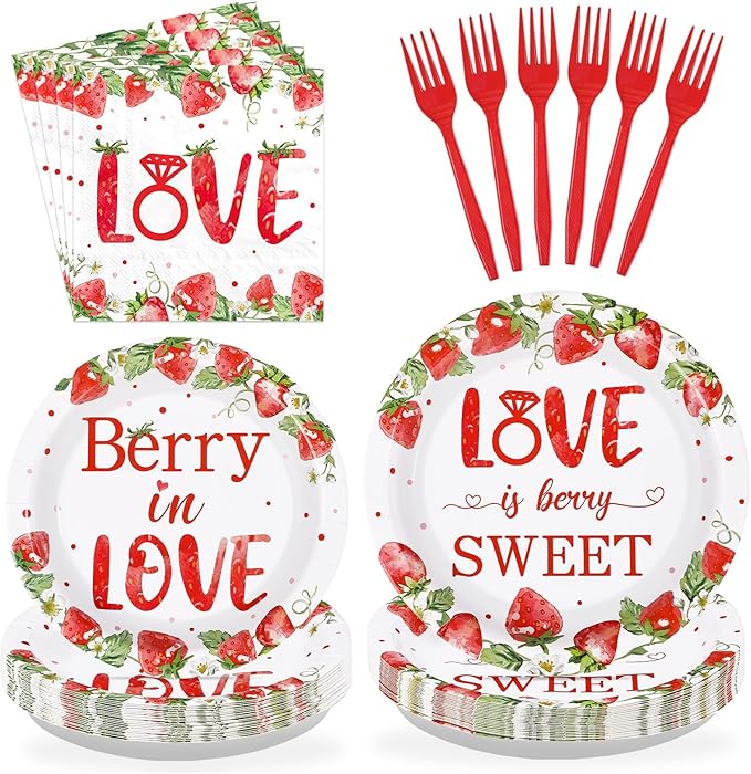 96Pcs Strawberry Bridal Shower Party Supplies Love is Berry Sweet Party Plates and Napkins Disposable Berry in Love Tableware Set for Women Bridal Shower Wedding Engagement Decorations Serves 24