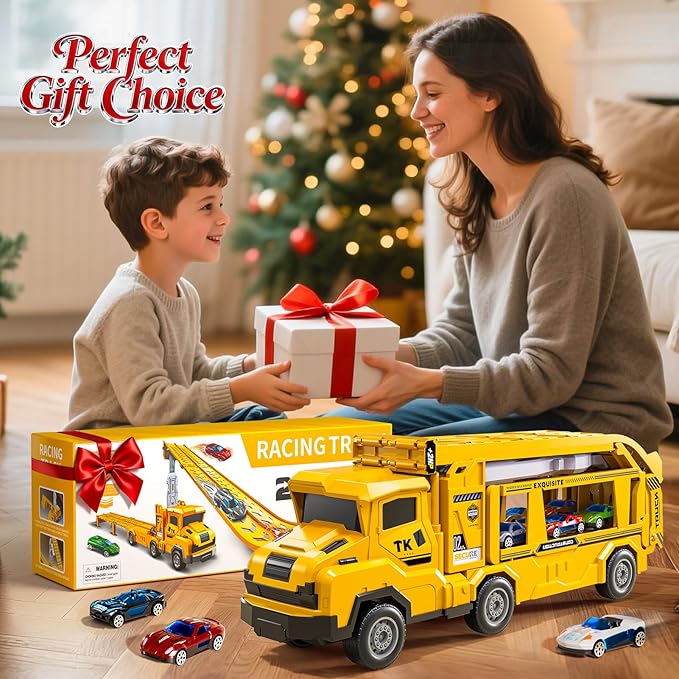 Truck Toys for Kids, Transport Vehicle with 12 Die-Cast Car, Double Race Car Track Cars Ramp Toy, Carrier Truck for Toddler 3-5, Christmas Birthday Gift for 3 4 5 6 7 8 Years Old Boys Girls