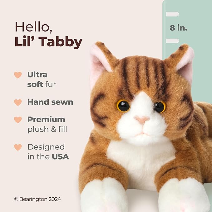 Bearington Lil' Tabby Orange Cat Stuffed Animal - 8" Realistic Tabby Kitten Plush Toy with Soft Fur and Lifelike Details for Toddlers and Feline Lovers - Adorable Cuddly Gift for Kids