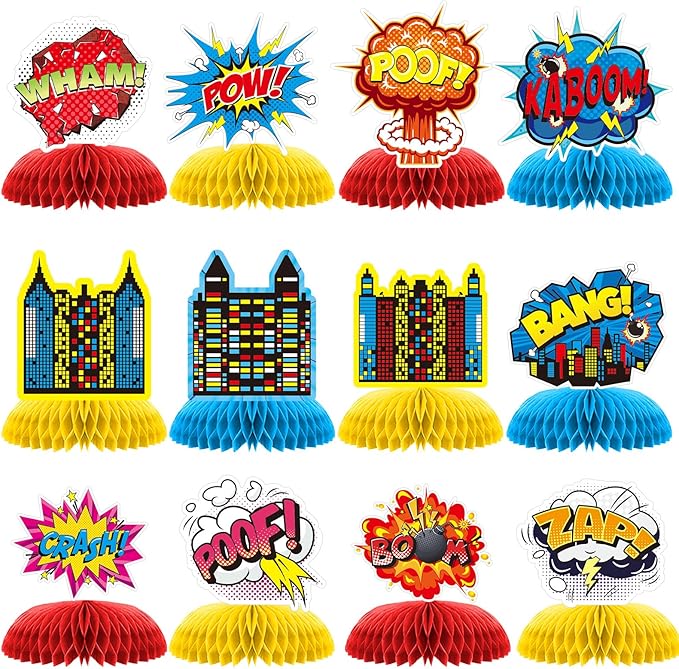 12 PCS Hero Party Decorations, Hero Theme Happy Birthday Decorations, Fun Action Honeycomb Centerpieces Decor Table for Party Supplies for Women Men Boys Girls