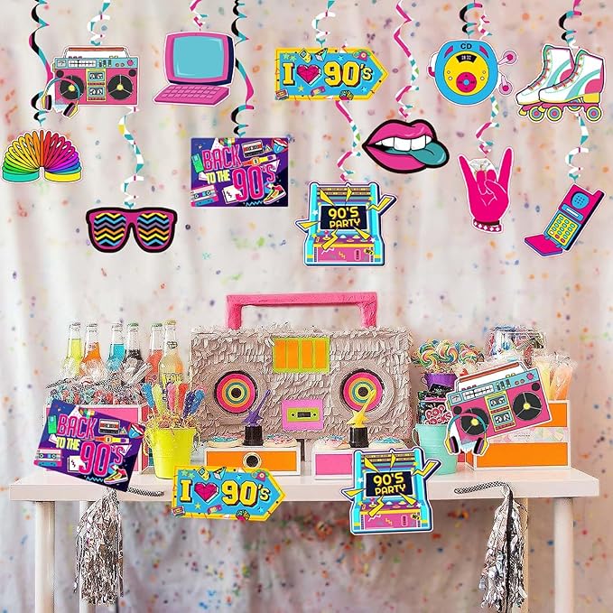 90s Theme Party Decorations Throwback 90's Party Colorful 1990s Hip Hop Birthday Party Hanging Swirls Ceiling Decor for Adults Back to The 90s Party Supplies