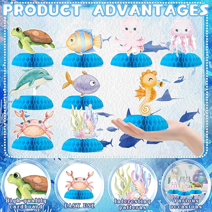 9 Pcs Ocean Animal Table Honeycomb Centerpieces, Ocean Theme Happy Birthday Party Decorations for Boys Girls Baby Shower, Standing Card Party Decor Party Supplies