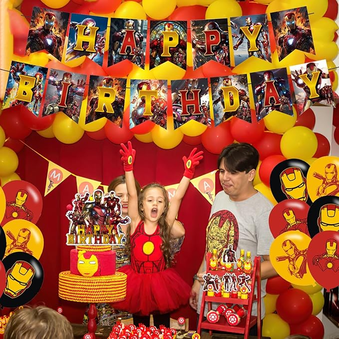 𝓘𝓻𝓸𝓷 𝓜𝓪𝓷 Birthday Party Decorations,Iron Hero Party Supplies Includes Cartoon Iron Hero Birthday Banner Balloons Cupcake Toppers Cake Topper Party Favors