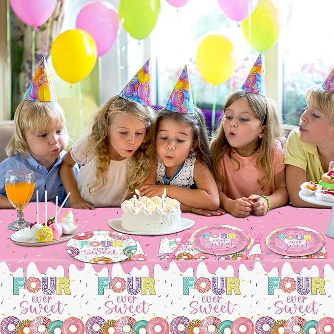 98 Pieces Four Sweet Donut Birthday Party Supplies for 24 Guests Girls Donut Tableware Set Baby Girl 4th Birthday Donut Plates and Napkins Tablecloth Party Decorations Dinnerware Party Favors