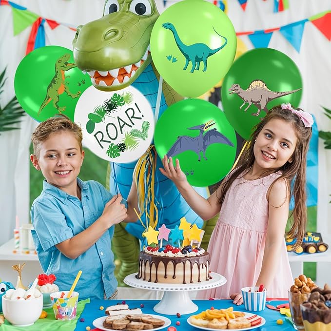 Dinosaur Balloons, 12 Inch Fruit Lime Dark Green White Confetti Balloons with Dinosaur Printed Pattern for Boys Jungle Theme Birthday Party Safari Woodland Baby Shower Decorations