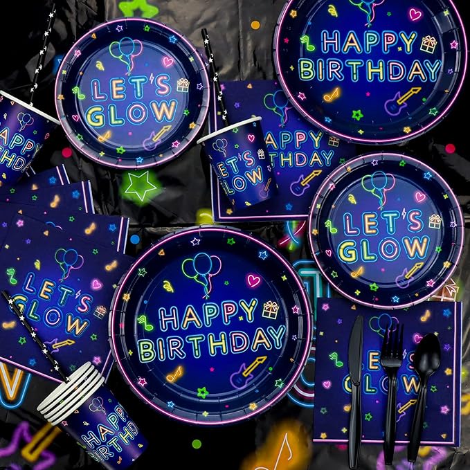 238 PCS Let's Glow Neon Party Supplies - Glow Tableware Set, Balloon Banner, Cake Toppers & Tablecloth for Blacklight Party Decoration (Serves 20)