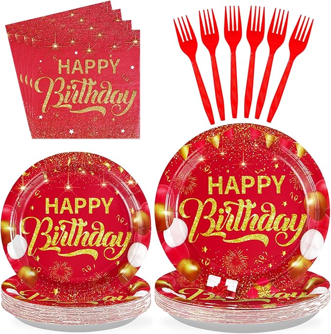 Grencian 96PCS Red and Gold Happy Birthday Decorations Red Gold Party Plates and Napkins Disposable Paper Tableware Set for Birthday Chinese New Year Wedding Party Supplies, Serves 24