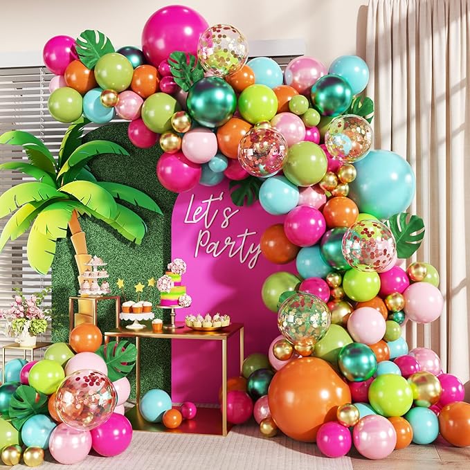 Tropical Luau Balloon Arch Kit 146Pcs Hot Pink Pearl Pink Green Blue Orange Gold Metallic Green Confetti Balloons with Palm Leaves for Summer Tropical Luau Hawaiian Theme Party Decorations