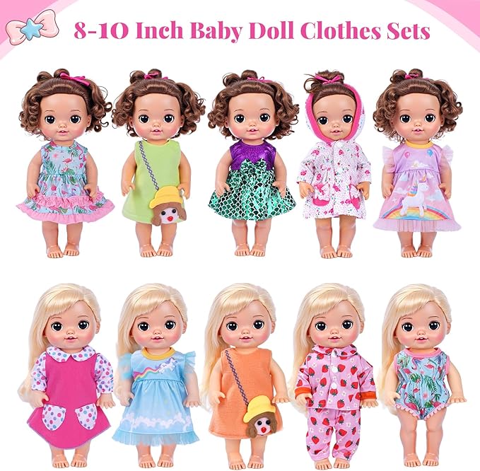 BABESIDE 10 Sets Alive Baby Doll Clothes & Accessories for 8/10/11 Inch Baby Dolls, Includes Cute Jumpsuit & Skirts, 3+ Year Old Girls Gifts, Pretend Play