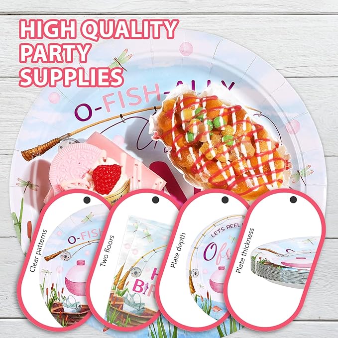 96 Pcs Ofishally One Birthday Decorations Gone Fishing 1st Party Plates and Napkins Set O Fishally First Birthday Decoration for Girls Baby Shower Little Fisherman One Years Old Supplies Serve 24