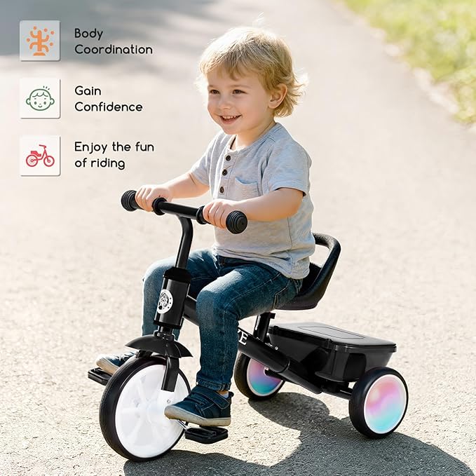 Bobike Toddler Tricycle for Ages 2-5 Years, Tricycle with 2 LED Light Wheels, Toddler Bike with 3-Position Seat and Rear Basket, Kids Bike Gift for Boys & Girl (Black)
