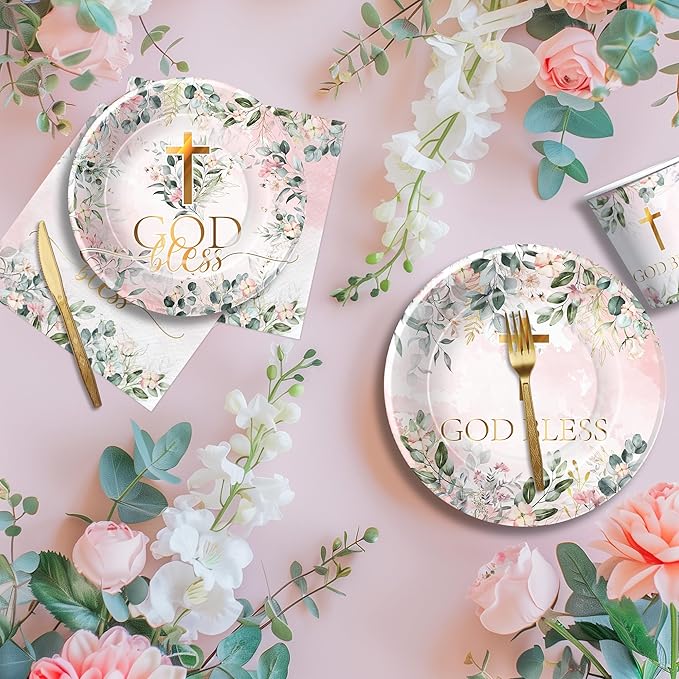 God Bless Baptism Decorations Tableware Girl - First Communion Decorations Supplies, Plate, Cup, Napkin, Fork, Baptism Plates And Napkins Set For Christening Baby Shower Religious | Serve 24