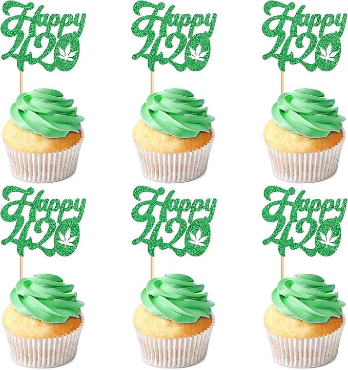Ercadio 24 Pcs Green Glitter Marijuana Cupcake Toppers Have a Dope Birthday Cake Topper Cake Decorations for Men Women Marijuana Them 420 Birthday Party Supplies