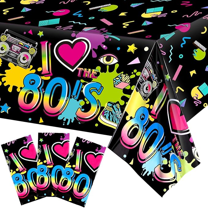 Tegeme 3 Pack 80s Plastic Party Tablecloth 80's Party Table Cover 80s Birthday Supplies The 80's Hip Hop Decoration Throwback Birthday Decoration for Dining Room, 54 x 108''